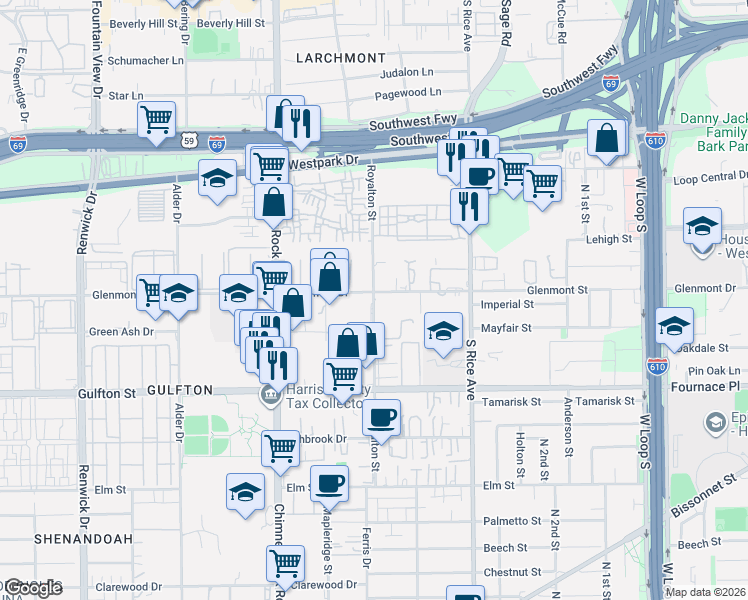 map of restaurants, bars, coffee shops, grocery stores, and more near Royalton Street in Houston