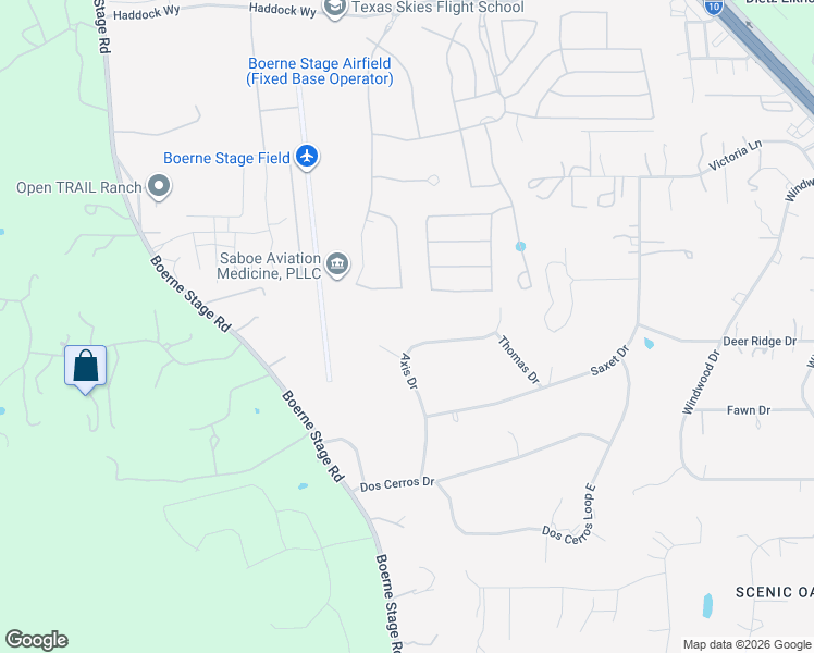 map of restaurants, bars, coffee shops, grocery stores, and more near 10123 Axis Drive in Boerne