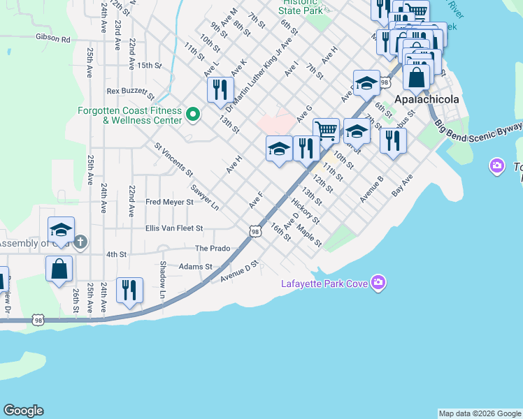 map of restaurants, bars, coffee shops, grocery stores, and more near in Apalachicola