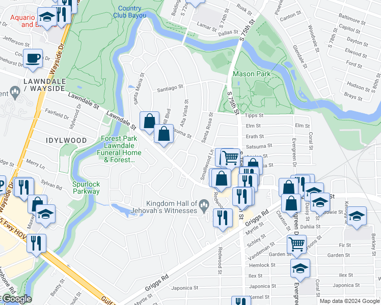 map of restaurants, bars, coffee shops, grocery stores, and more near 2032 Pasadena Street in Houston