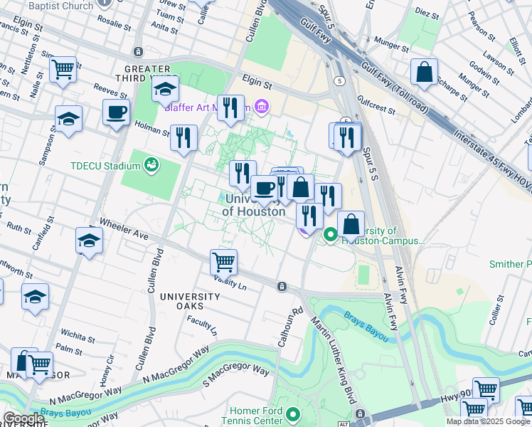 map of restaurants, bars, coffee shops, grocery stores, and more near in Houston