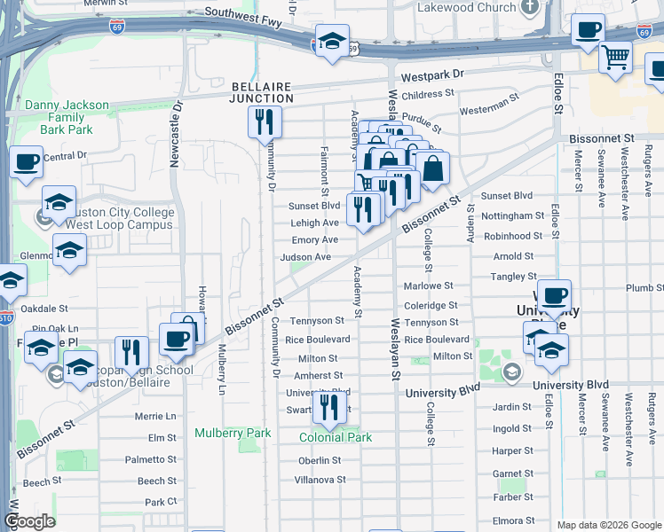map of restaurants, bars, coffee shops, grocery stores, and more near 4136 Bissonnet Street in West University Place