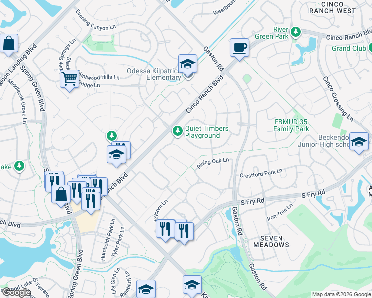 map of restaurants, bars, coffee shops, grocery stores, and more near 5018 Raven Forest Lane in Katy