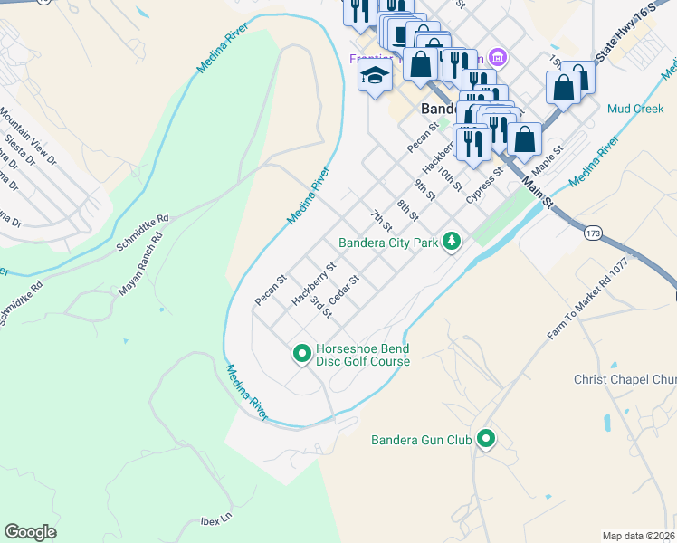 map of restaurants, bars, coffee shops, grocery stores, and more near 415 4th Street in Bandera