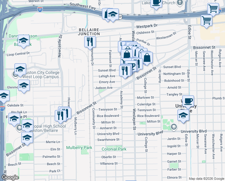 map of restaurants, bars, coffee shops, grocery stores, and more near 4136 Bissonnet Street in West University Place
