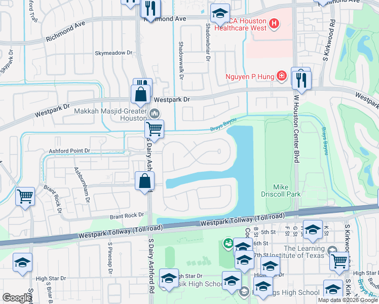 map of restaurants, bars, coffee shops, grocery stores, and more near 12402 Shady Downs Drive in Houston