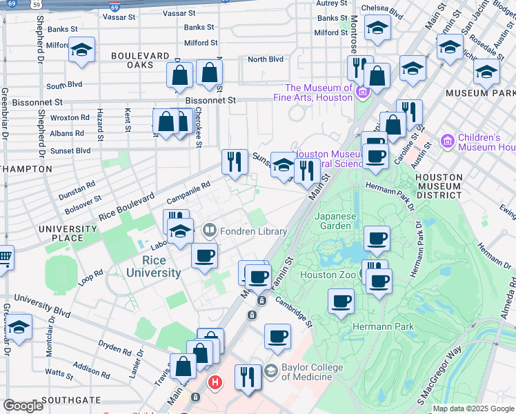 map of restaurants, bars, coffee shops, grocery stores, and more near 6100 Main Street in Houston