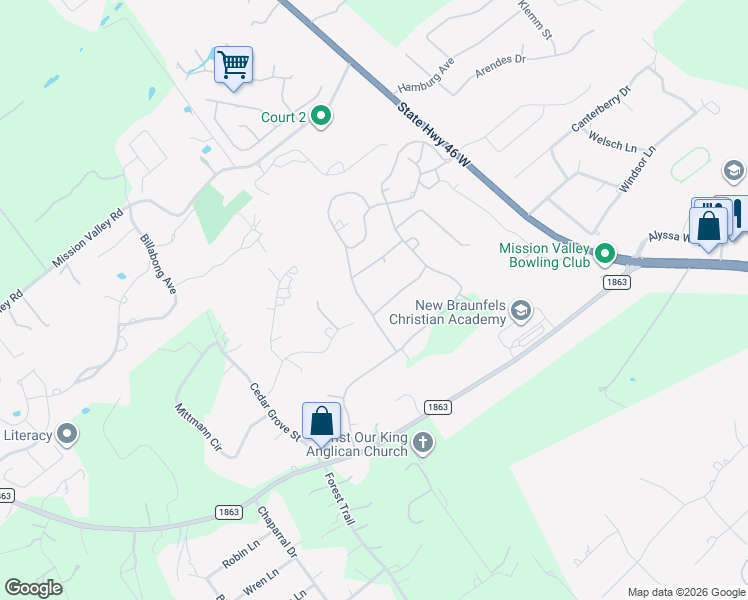 map of restaurants, bars, coffee shops, grocery stores, and more near 6 Sunset Bend in New Braunfels