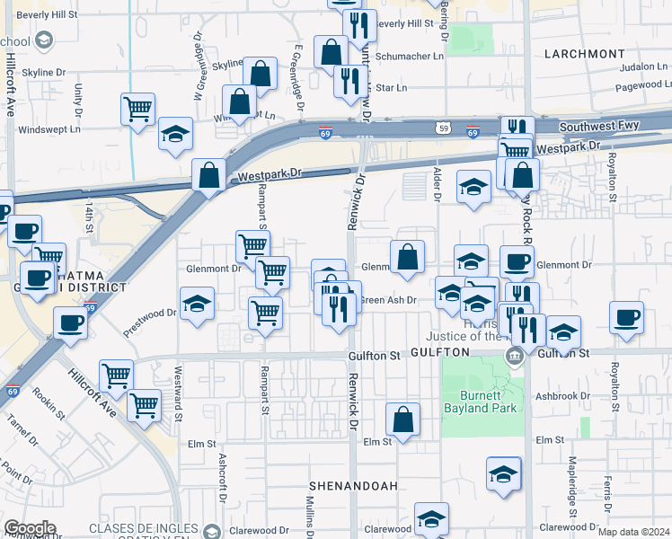 map of restaurants, bars, coffee shops, grocery stores, and more near 5905 Glenmont Drive in Houston