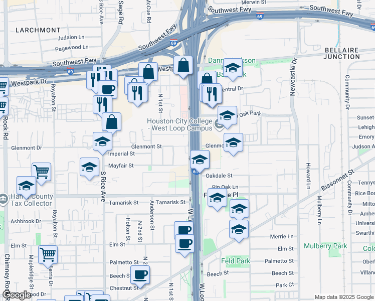 map of restaurants, bars, coffee shops, grocery stores, and more near 4708 Sunburst Court in Bellaire
