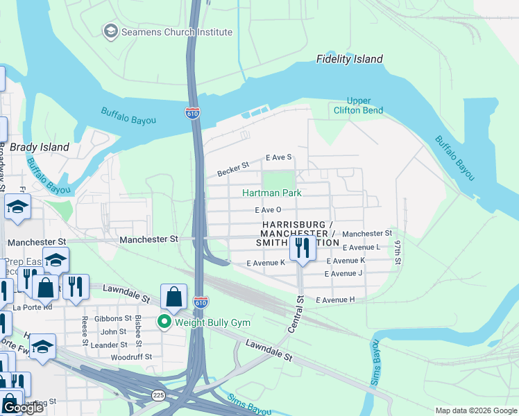 map of restaurants, bars, coffee shops, grocery stores, and more near 9301 East Avenue North in Houston