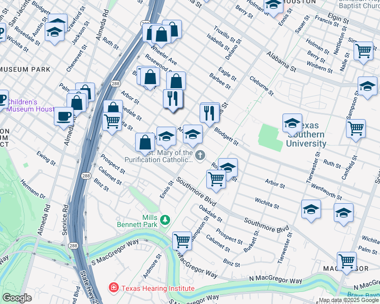 map of restaurants, bars, coffee shops, grocery stores, and more near 3006 Rosedale Street in Houston