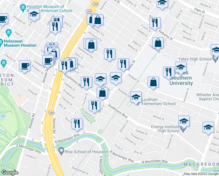 map of restaurants, bars, coffee shops, grocery stores, and more near 2909 Wichita Street in Houston