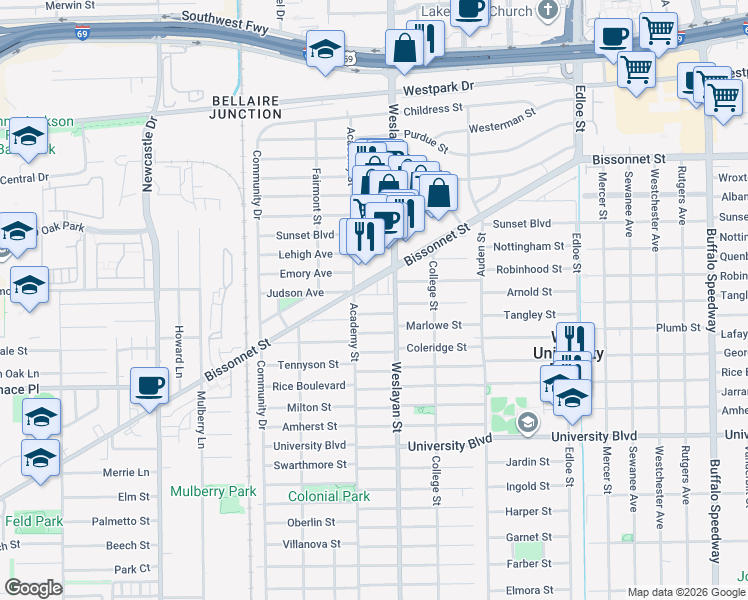 map of restaurants, bars, coffee shops, grocery stores, and more near 4000-4098 Arnold Street in West University Place