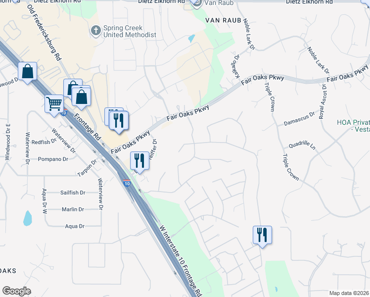 map of restaurants, bars, coffee shops, grocery stores, and more near 8920 Monument Oak in Boerne
