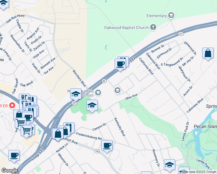 map of restaurants, bars, coffee shops, grocery stores, and more near 301 Castlewood Drive in New Braunfels