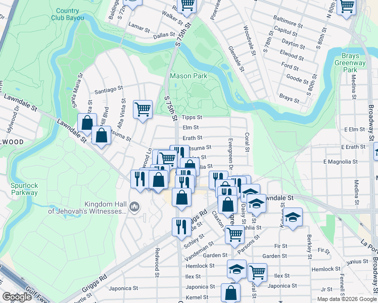 map of restaurants, bars, coffee shops, grocery stores, and more near 7530 Azalea Street in Houston