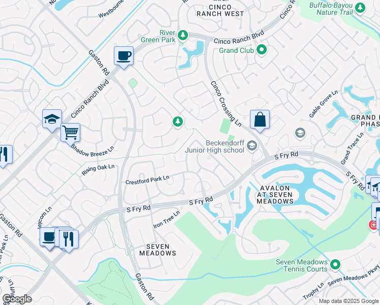 map of restaurants, bars, coffee shops, grocery stores, and more near 8311 Rosetrail Bend Lane in Katy