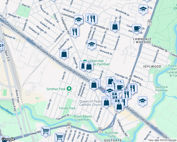 map of restaurants, bars, coffee shops, grocery stores, and more near 2101 Dismuke Street in Houston