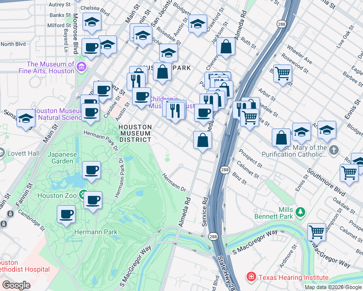 map of restaurants, bars, coffee shops, grocery stores, and more near 5622 Chartres Street in Houston