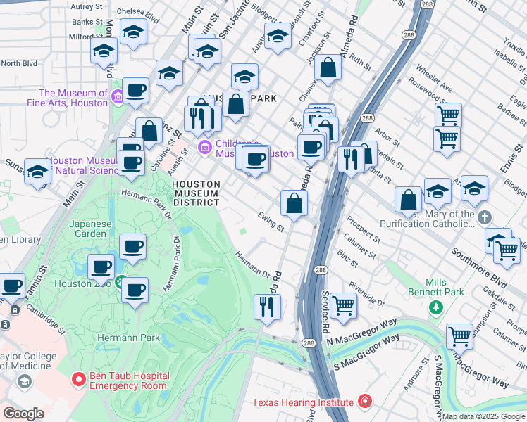 map of restaurants, bars, coffee shops, grocery stores, and more near 5622 Chartres Street in Houston
