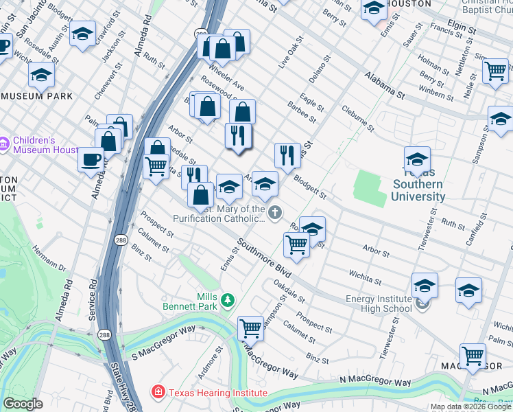 map of restaurants, bars, coffee shops, grocery stores, and more near 2909 Wichita Street in Houston