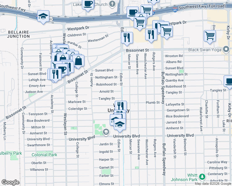 map of restaurants, bars, coffee shops, grocery stores, and more near 3724 Tangley Street in West University Place