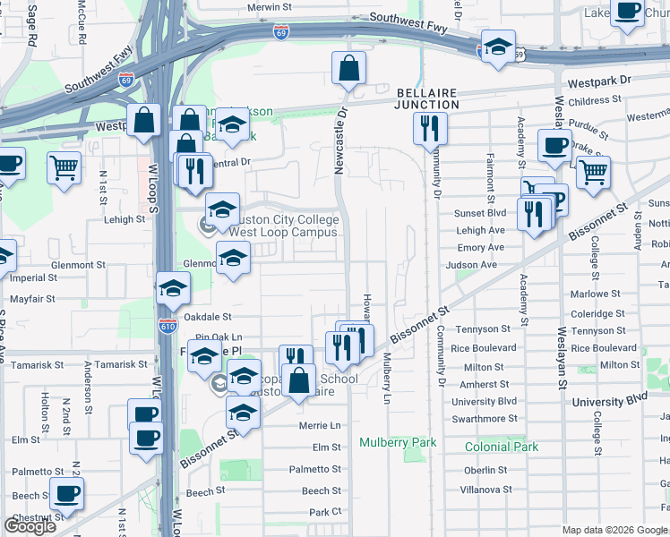 map of restaurants, bars, coffee shops, grocery stores, and more near 118 Phanturn Lane in Bellaire