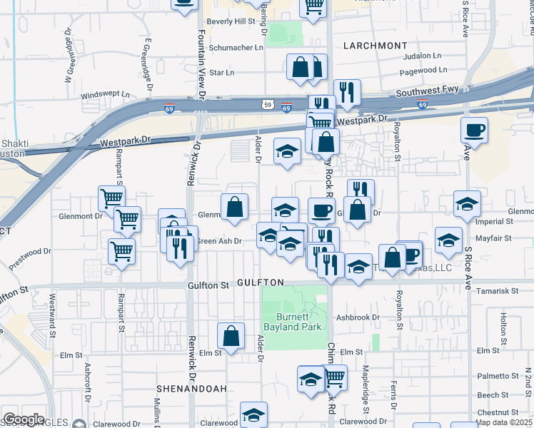 map of restaurants, bars, coffee shops, grocery stores, and more near 5655 Glenmont Drive in Houston