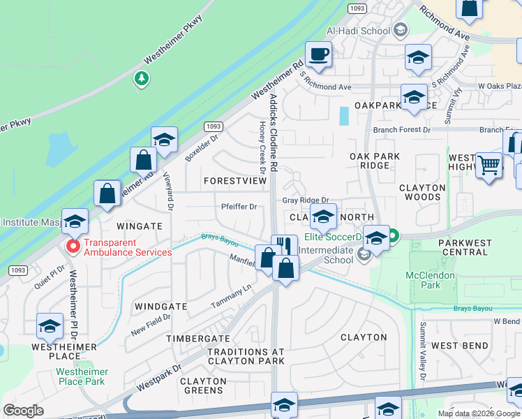 map of restaurants, bars, coffee shops, grocery stores, and more near 3623 Fiddlers Green Drive in Houston
