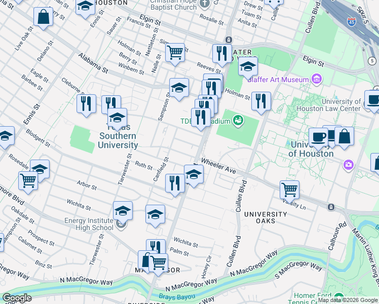 map of restaurants, bars, coffee shops, grocery stores, and more near 3714 Wheeler Avenue in Houston