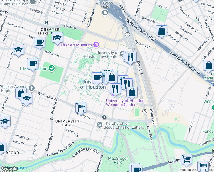 map of restaurants, bars, coffee shops, grocery stores, and more near 4810 Calhoun Road in Houston