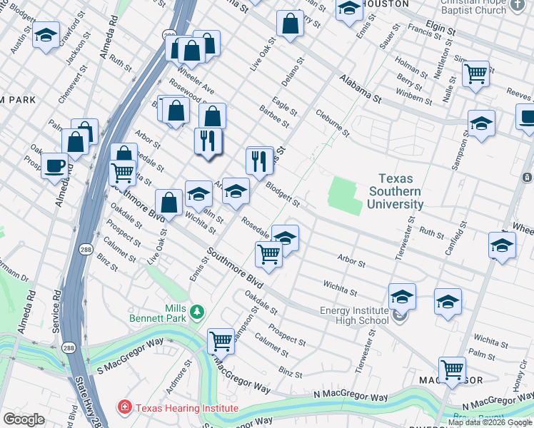 map of restaurants, bars, coffee shops, grocery stores, and more near 3111 Arbor Street in Houston