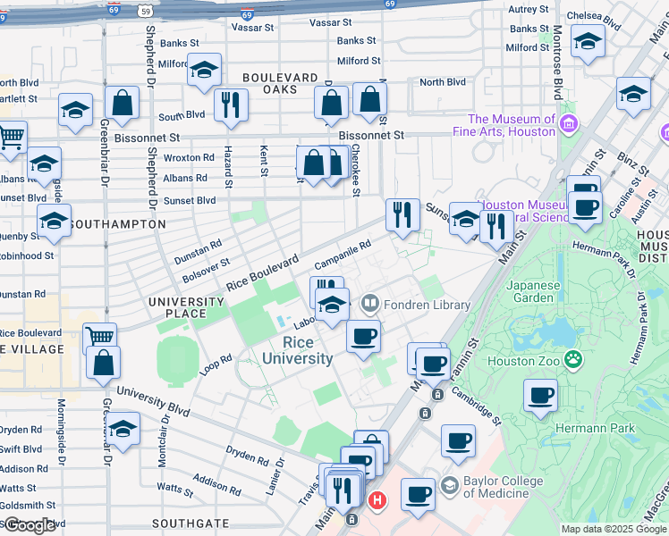 map of restaurants, bars, coffee shops, grocery stores, and more near 6100 Main Street in Houston