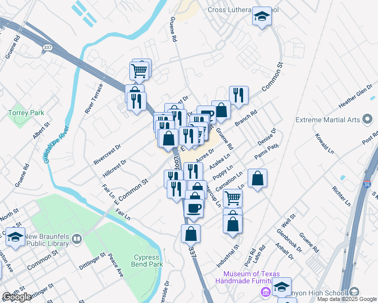 map of restaurants, bars, coffee shops, grocery stores, and more near 1304 East Common Street in New Braunfels