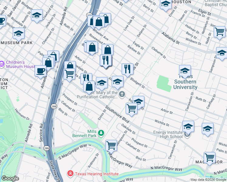 map of restaurants, bars, coffee shops, grocery stores, and more near 2909 Wichita Street in Houston