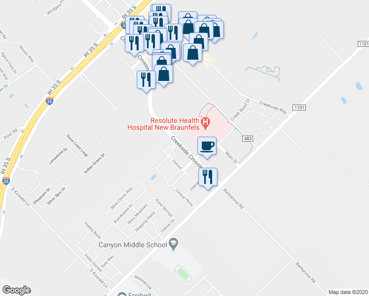 map of restaurants, bars, coffee shops, grocery stores, and more near 527 Farm to Market Road 306 in New Braunfels