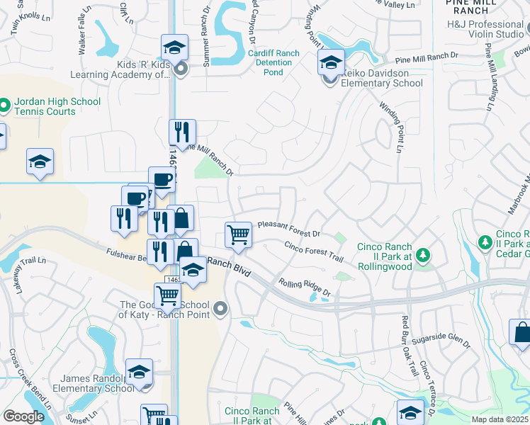 map of restaurants, bars, coffee shops, grocery stores, and more near 28651 Pleasant Forest Drive in Katy
