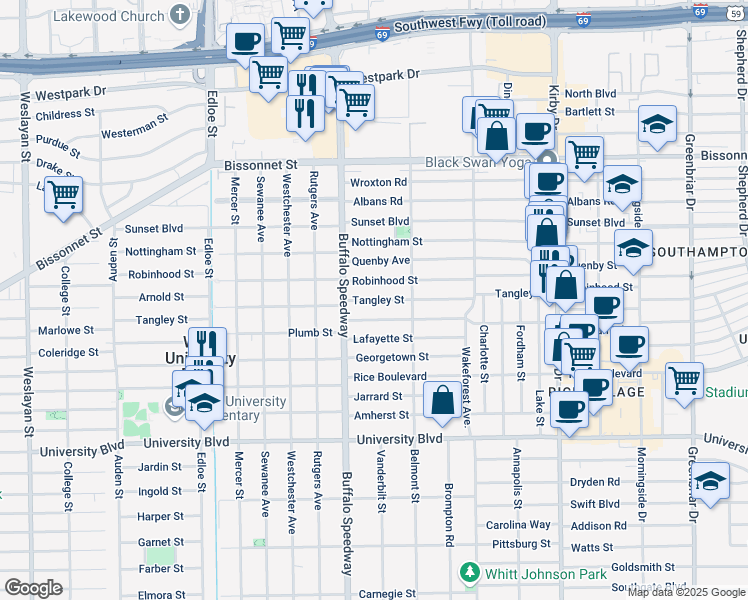 map of restaurants, bars, coffee shops, grocery stores, and more near 4210 Bellaire Boulevard in Houston