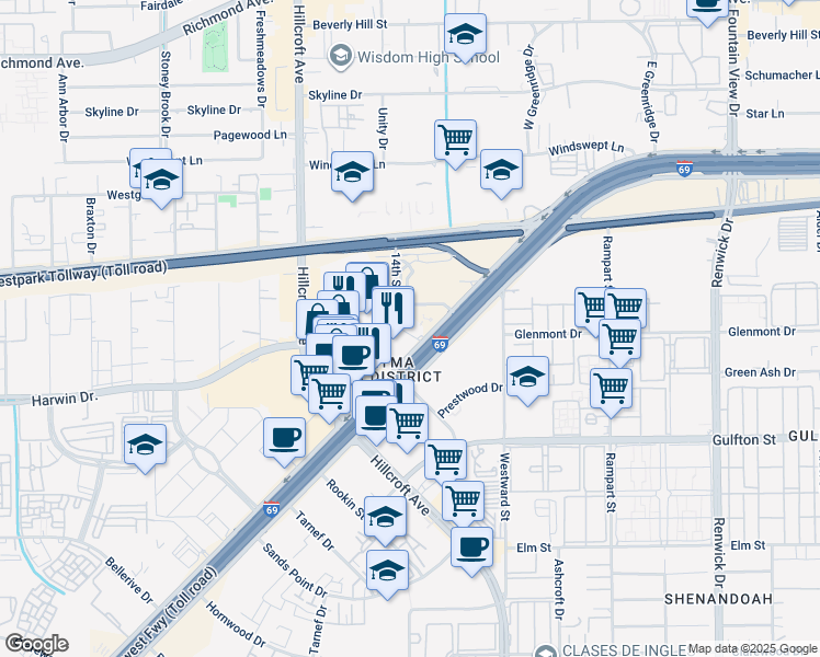 map of restaurants, bars, coffee shops, grocery stores, and more near 6440 Southwest Freeway in Houston