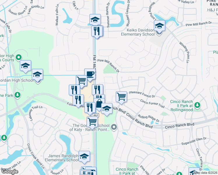 map of restaurants, bars, coffee shops, grocery stores, and more near 4935 Raudabaugh Drive in Katy
