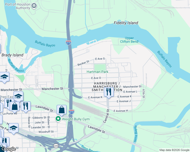 map of restaurants, bars, coffee shops, grocery stores, and more near 9301 East Avenue North in Houston