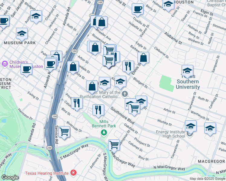 map of restaurants, bars, coffee shops, grocery stores, and more near 2909 Wichita Street in Houston