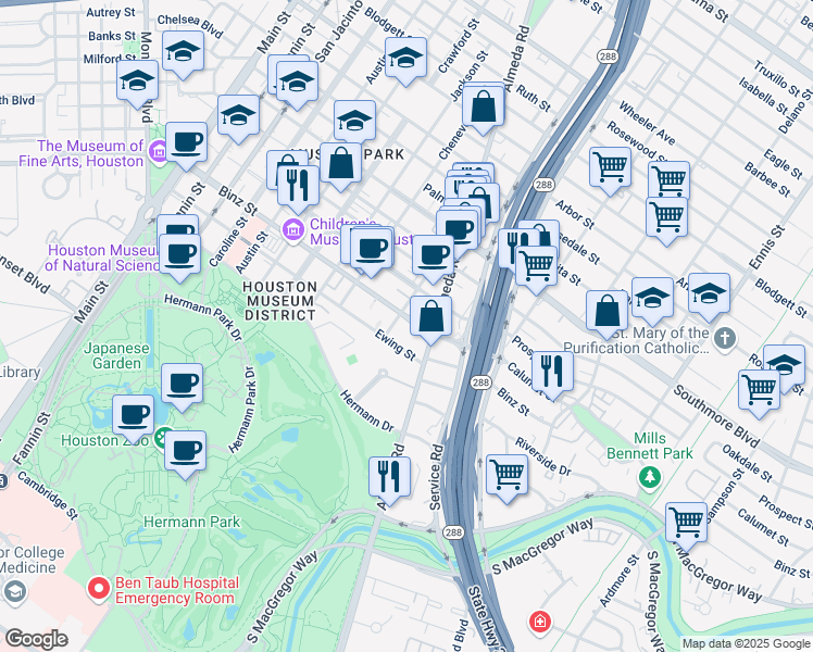 map of restaurants, bars, coffee shops, grocery stores, and more near 2010 Binz Street in Houston