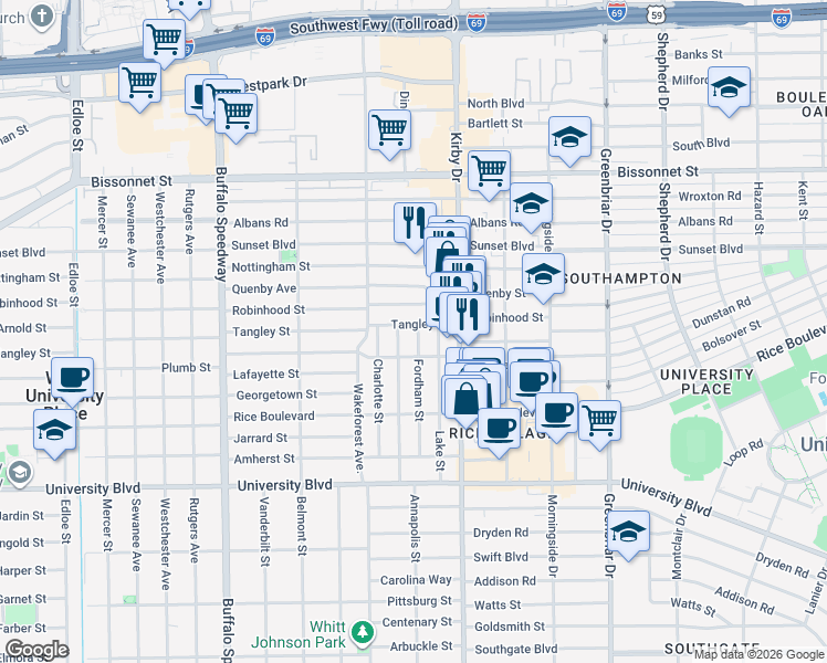 map of restaurants, bars, coffee shops, grocery stores, and more near 5820 Annapolis Street in Houston