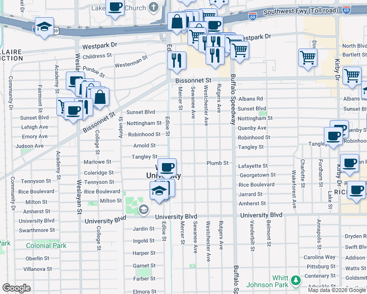 map of restaurants, bars, coffee shops, grocery stores, and more near 3505 Tangley Street in West University Place