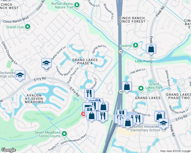 map of restaurants, bars, coffee shops, grocery stores, and more near 3903 Bell Hollow Lane in Katy