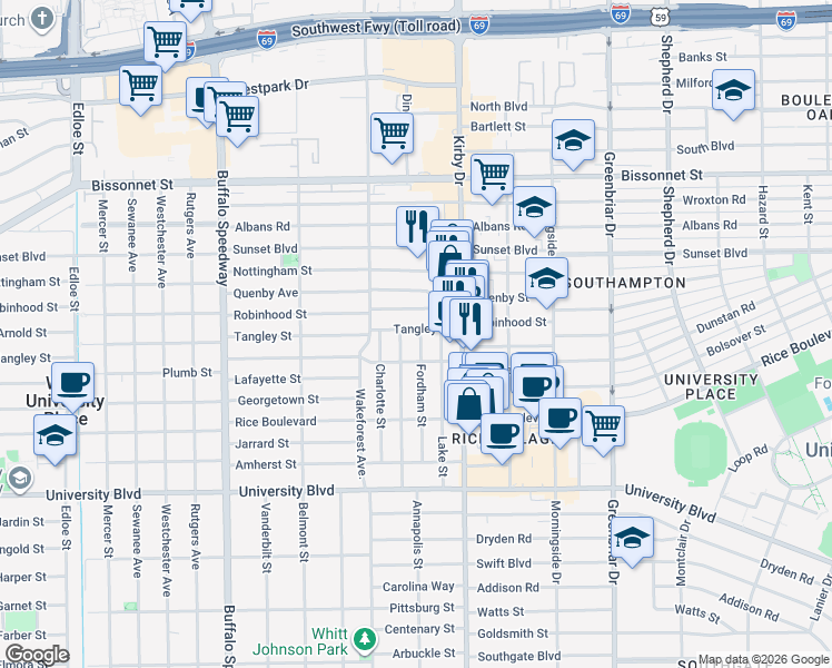 map of restaurants, bars, coffee shops, grocery stores, and more near 5820 Annapolis Street in Houston