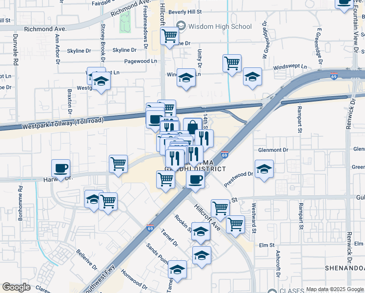 map of restaurants, bars, coffee shops, grocery stores, and more near in Houston