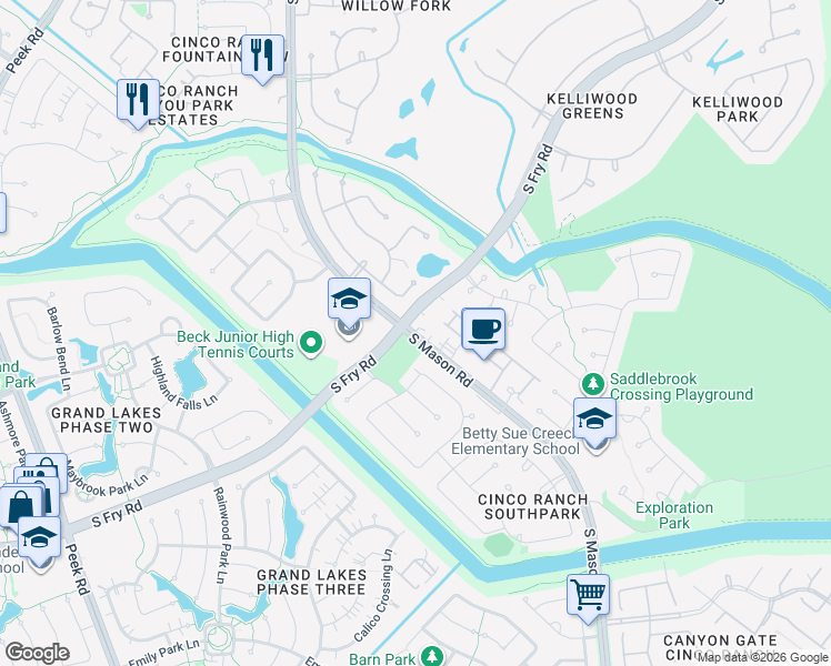 map of restaurants, bars, coffee shops, grocery stores, and more near 4803 1/2 S Mason Rd in Katy